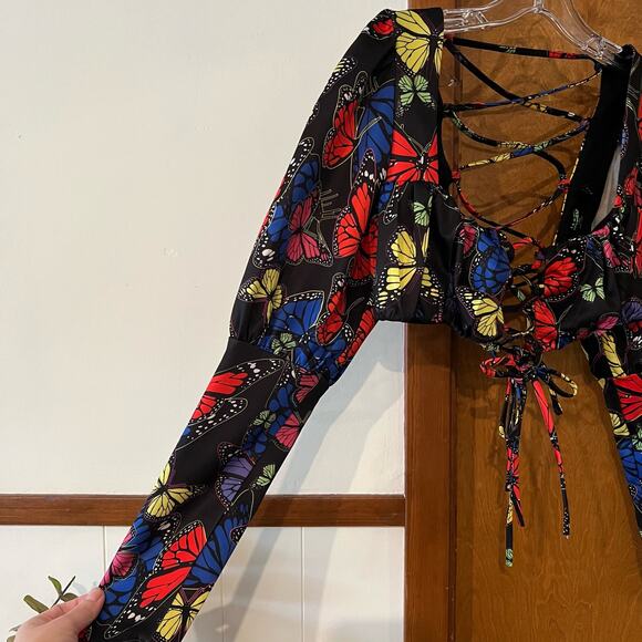 JADED LONDON Butterfly Puff Sleeve Lace‎ Up Crop Top Festival Black Women's 4 - Picture 5 of 10